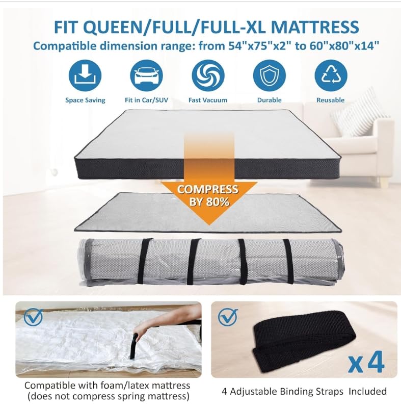 Storage Logic Queen/Full/Full-XL Foam Mattress Vacuum Bag for Moving, Vacuum Seal Mattress Bag with Straps - Image 2
